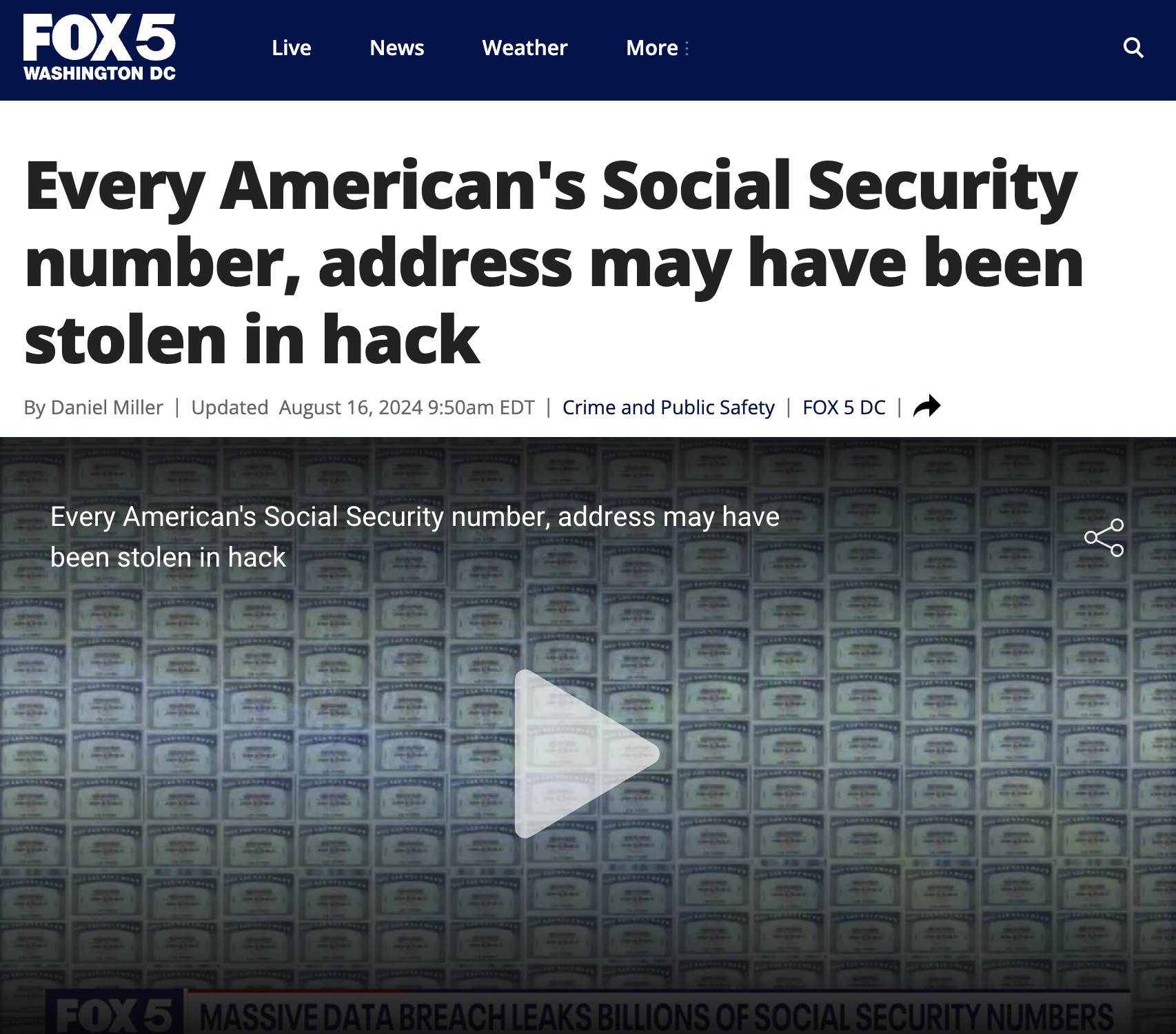 screenshot - FOX5 Live News Weather More Washington Dc Every American's Social Security number, address may have been stolen in hack By Daniel Miller | Updated am Edt | Crime and Public Safety | Fox 5 Dc Every American's Social Security number, address ma